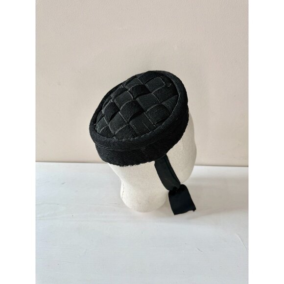 Vintage Black Woven Ribbed Straw Faille Grosgrain Chin Strap Juliet Hat - Picture 5 of 13